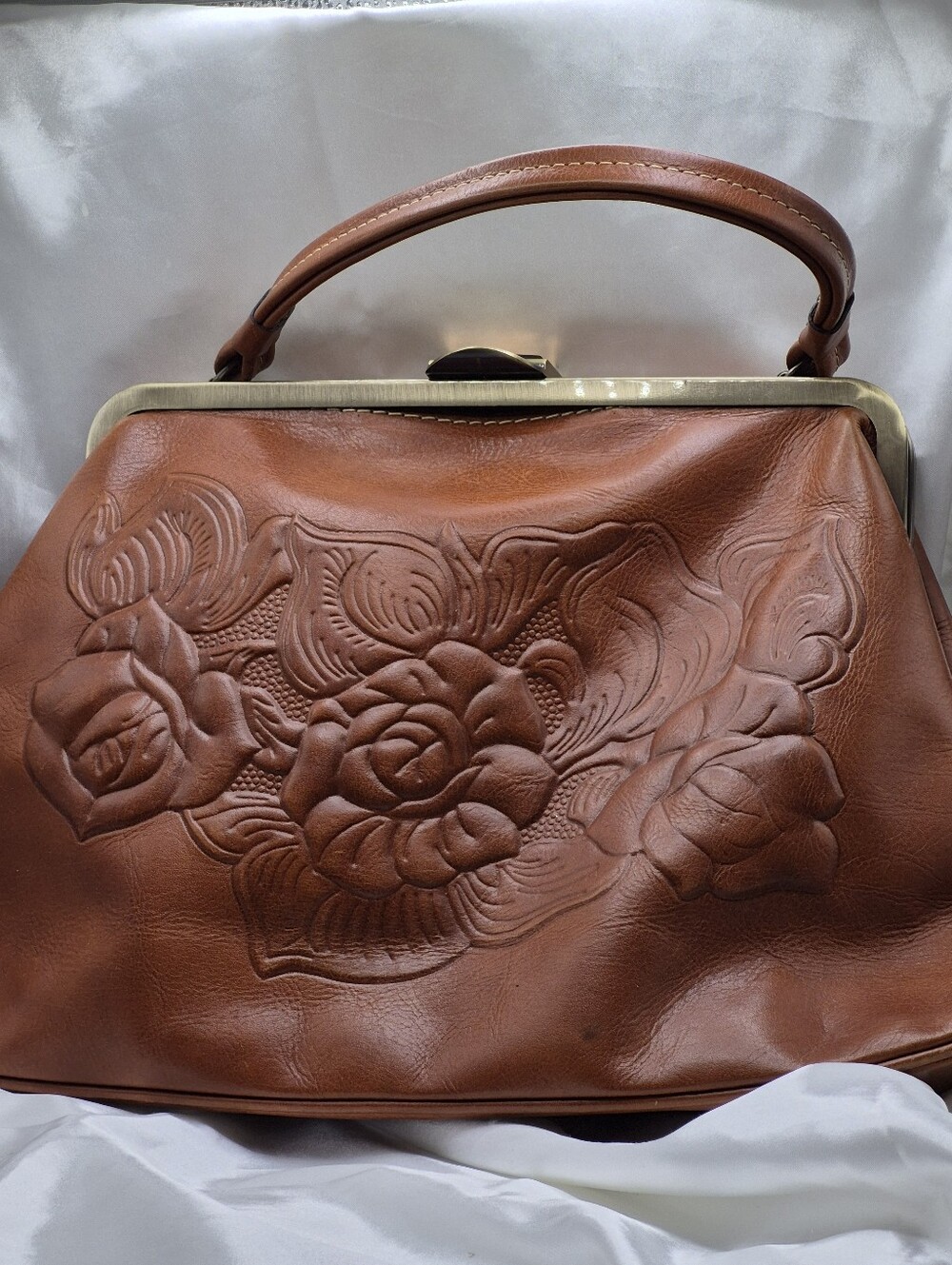 Patricia NASH Classic Brown Embossed Leather Top-SATCHEL, Hand Bag, PURSE